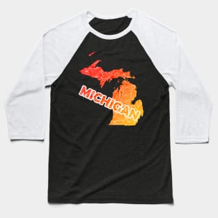 Colorful mandala art map of Michigan with text in red and orange Baseball T-Shirt